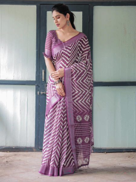 Emily Bold & Beautiful Purple Chevron Linen Saree